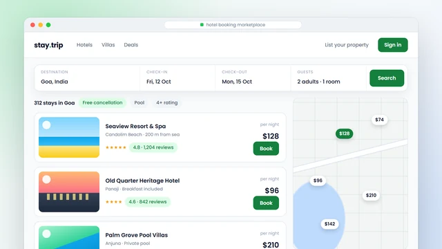 Hotel booking marketplace search results with map