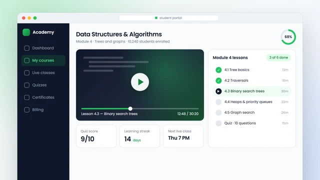 LMS student portal with video lesson and progress