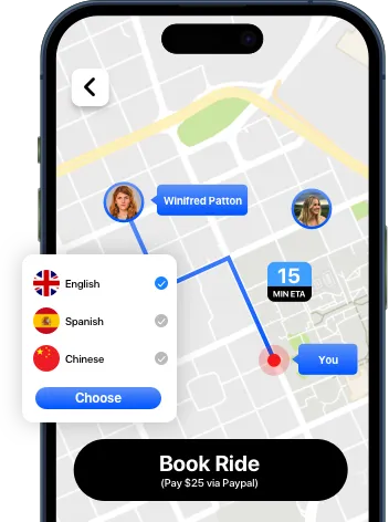 Rideshare multilingual booking app — Book Ride with map and ETA